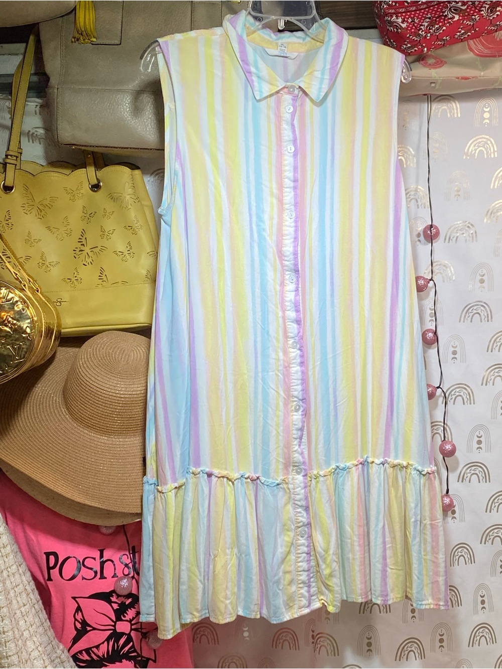Time and Tru Pastel Yellow, Pink, Blue & Lavender Striped Sleeveless Dress